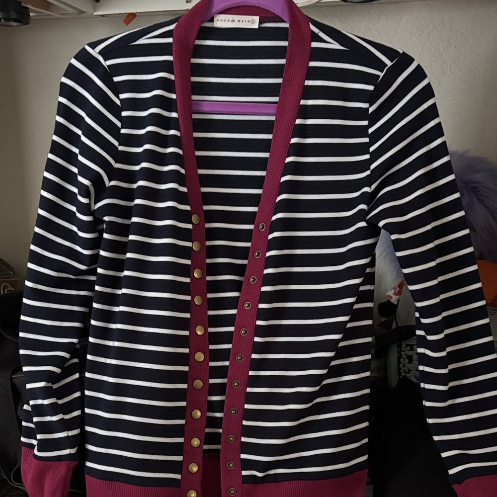 Stylish Striped Cardigan with Magenta Trim